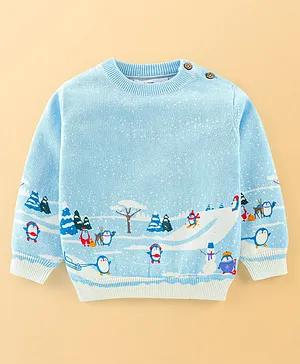 Babyoye 100% Cotton Solid Dyed Full Sleeves Penguin Print Pullover - Blue