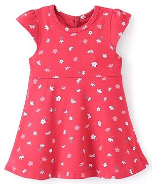 Babyhug 100% Cotton Knit Half Sleeves Frock Floral Print - Pink