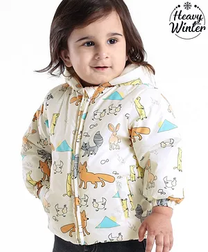 Babyoye Woven Full Sleeves Hooded Jacket With Wild Animals Print - Beige & White