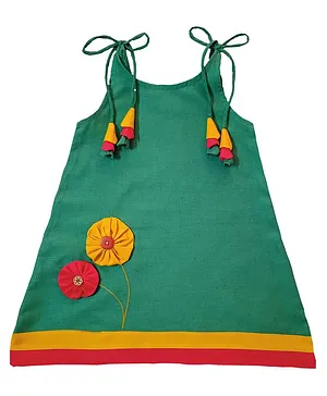 Snowflakes Sleeveless Flower Applique Embellished A Line Dress With Shoulder Tie Up - Green