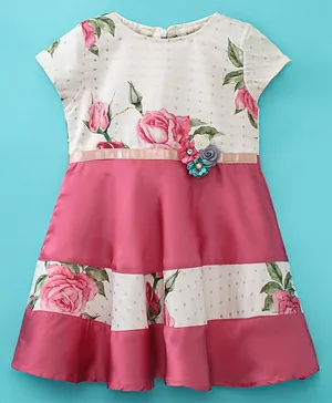 Enfance Core Cap Sleeves Flower Foil Embellished Self Design & Appliqued Dress - Pink