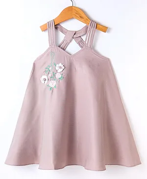 Enfance Core Sleeveless Floral Embroidery Flared Dress - Light Brown