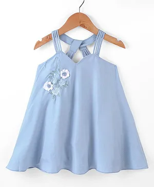Enfance Core Sleeveless Floral Embroidery Flared Dress - Light Blue