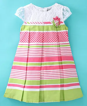 Enfance Core Short Sleeves Abstract Awning & Double Striped Floral Lace Embroidered Bodice Box Pleated Dress - Peach