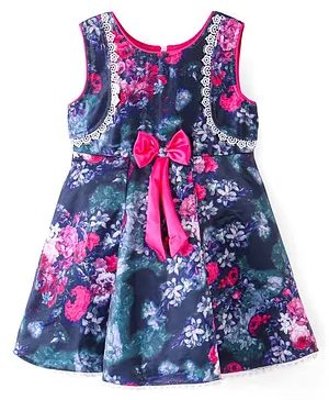 Enfance Core Sleeveless Floral Printed & Lace Border Embroidered Bow Applique Dress - Blue & Rani Pink