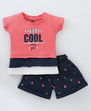 Enfance Core Short Sleeves Im Cool Text Printed Tee with Triangles Printed Shorts - Tomato Red
