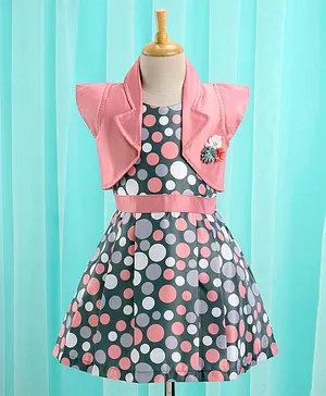 Enfance Core Cap Sleeves Floral Appliqued Jacket With Huge Polka Dots Printed Box Pleated Dress - Peach