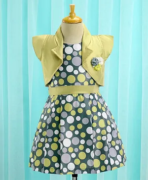 Enfance Core Cap Sleeves Floral Appliqued Jacket With Huge Polka Dots Printed Box Pleated Dress - Yellow