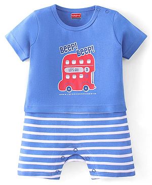 Babyhug 100% Cotton Knit Half Sleeves Striped Romper with Bus Print - Blue