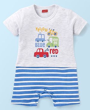 Babyhug Cotton Half Sleeves Romper Stripes & Car Print- Grey