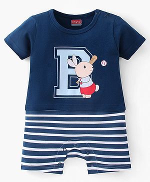 Babyhug 100% Cotton Knit Half Sleeves Striped Romper with Bunny Print - Navy Blue