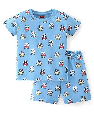 Babyhug Cotton Knit Half Sleeves Night Suit Panda Print - Blue
