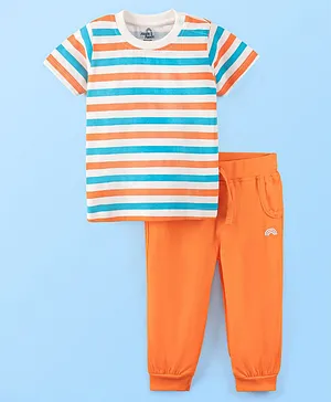 Doodle Poodle Half Sleeves 100% Cotton Striped T-Shirt & Lounge Pant - Orange & Blue