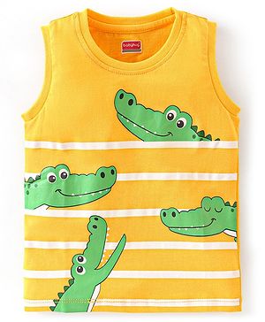 Babyhug Cotton Jersey Knit Sleeveless Striped T-Shirt with Croc Print - Yellow
