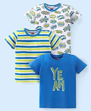 Babyhug Cotton Jersey Half Sleeves Striped T-Shirts with Text Print - Blue & White