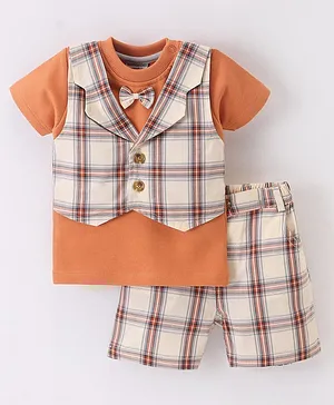 Wonderchild Half Sleeves Plaid Checked Waistcoat Attached Bow Appliqued Tee With Coordinating Shorts - Rust