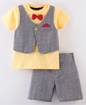 Wonderchild Half Sleeves Mini Checked Self Design Waistcoat Attached Bow Appliqued Tee With Coordinating Shorts - Yellow