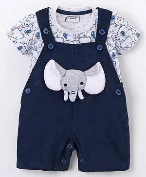 Wonderchild Half Sleeves Elephant Printed & Patch Embroidered Tee With Dungaree - Navy Blue