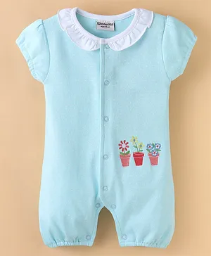 Wonderchild Short Sleeves Garden Plants  Embroidered Romper - Blue