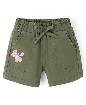 Babyhug Cotton Spandex Mid Thigh Stretchable Shorts with Butterfly Embroidery - Olive Green