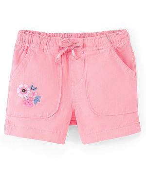 Babyhug Cotton Spandex Shorts With Stretch & Floral Embroidery - Peach