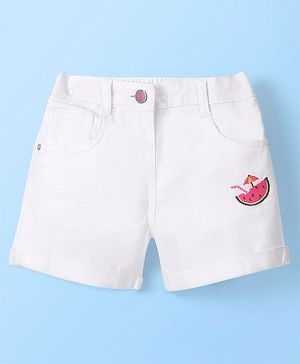 Babyhug Cotton Spandex Mid Thigh Stretchable Shorts with Watermelon Embroidery - White