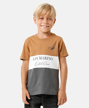 Kate & Oscar Half Sleeves Text Placement Printed Colour Blocked Tee - Brown
