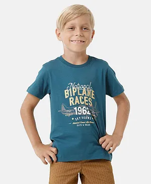 Kate & Oscar Half Sleeves Aeroplane Placement Printed Tee - Teal Blue
