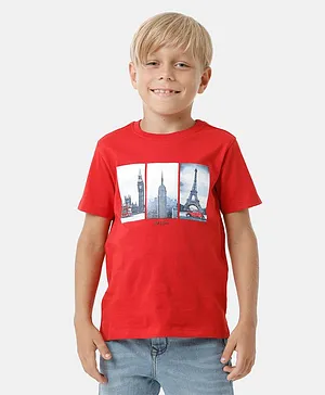 Kate & Oscar Half Sleeves Tourist Places Theme Placement Printed Tee - Red
