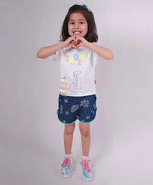 Little Carrot Short Sleeves Camel Designed Top With Dot Printed & Pom Pom Lace Embellished Curved Hem Shorts - White & Dark Blue