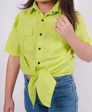 Little Carrot Pure Cotton Half Sleeves Solid Front Knot Tie Up Shirt Style Top - Green
