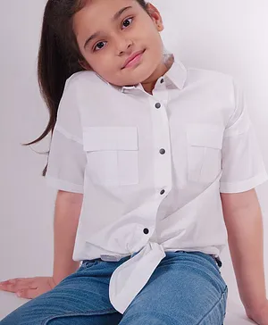 Little Carrot Pure Cotton Half Sleeves Solid Front Knot Tie Up Shirt Style Top - White