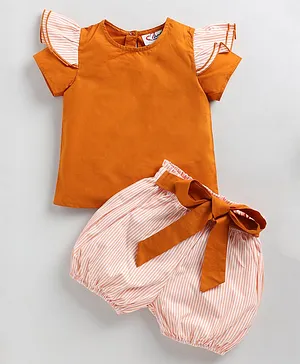 M'andy Cap Flutter Sleeves Solid Top & Candy Striped Short Set - Orange