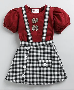 M'andy Puffed Sleeves Bow Applique Top With Checks Suspender Skirt - Maroon