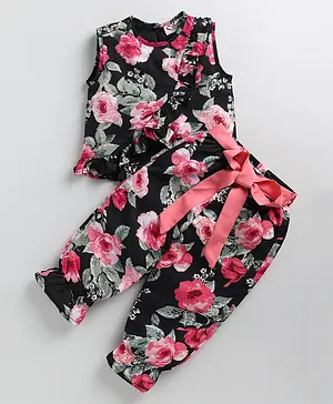 M'andy Sleeveless Floral Printed Top With Pant - Black