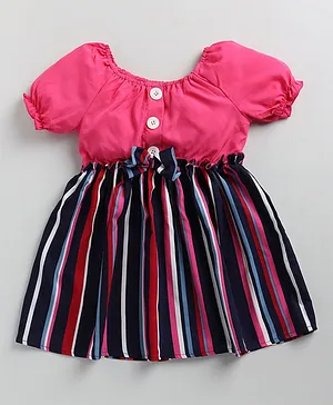M'andy Short Sleeves Fit & Flare Striped Dress - Magenta Pink