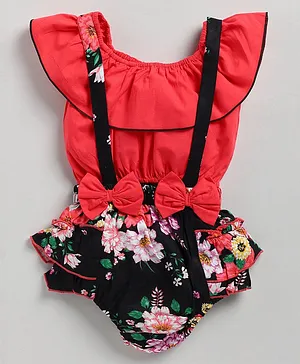 M'andy Short Sleeves Solid Balloon Top With Bow Embellished & Vintage Floral Printed Onesie Style Shorts - Red