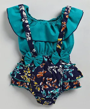 M'andy Short Sleeves Solid Balloon Top With Bow Embellished & Butterflies Printed Onesie Style Shorts - Blue