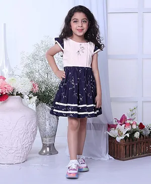 Soleilclo Cap Sleeves Hand Embroidered Floral Printed Dress - Navy Blue