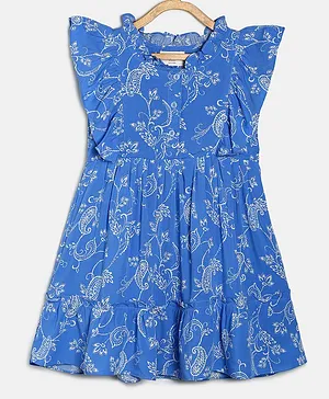 MANET Cap Flutter Sleeves Paisley Floral Printed Dress - Blue