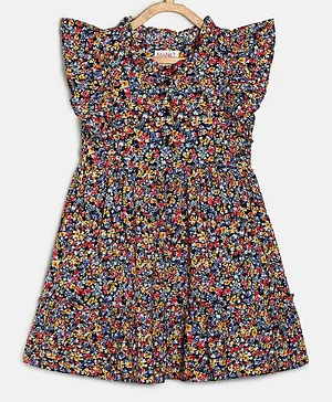 MANET Cap Flutter Sleeves Garden Floral Printed Dress - Multi Colour