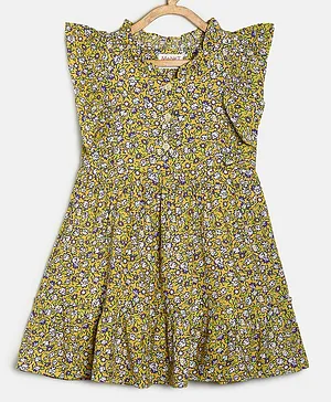 MANET Cap Flutter Sleeves Garden Floral Printed Dress - Mustard Yellow