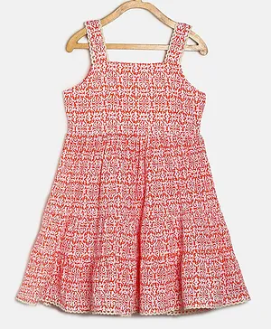 MANET Sleeveless Damask Style Motif Printed Tiered Dress - Orange