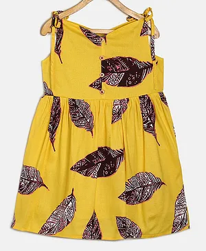 MANET Sleeveless Leaves Printed Dress - Mustard Yellow