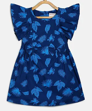 MANET Frilled Sleeves Leaves Printed Dress - Royal Blue