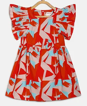 MANET Frilled Sleeves Abstract Printed Dress - Red