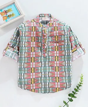 Rikidoos Full Sleeves Abstract Pattern Motif Printed Kurta Style Shirt - Multi Colour