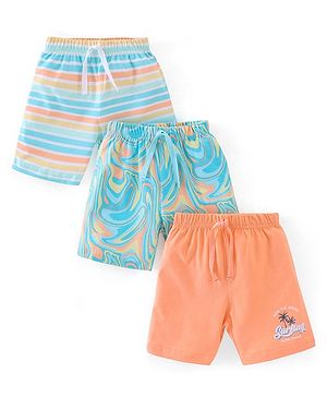 Babyhug Cotton Jersey Knit Mid Thigh Length Shorts Stripes & Marble Print Pack of 3 - Orange & Blue