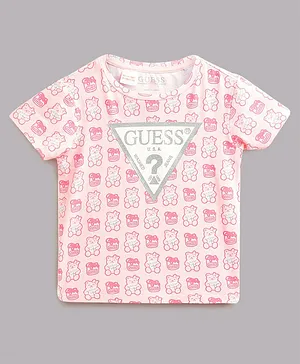 Guess Half Sleeves Guess Drop Logo & Gummy Bear Printed Tee - Pink