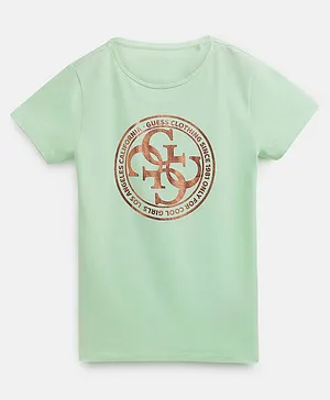 Guess Half Sleeves Emblem Style Glitter Printed T Shirt - Mint Green